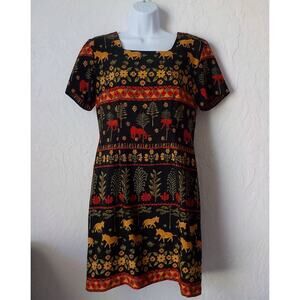 VTG Sag Harbor 6P Black Sheath Dress Orange Novelty Animal Print Zip ShortSleeve